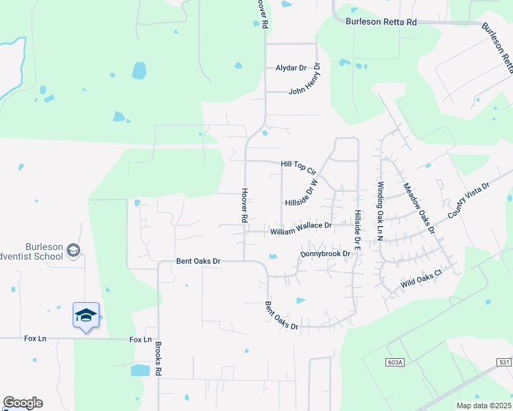 map of restaurants, bars, coffee shops, grocery stores, and more near 565 Hoover Road in Burleson