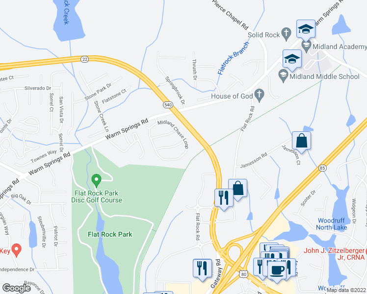 map of restaurants, bars, coffee shops, grocery stores, and more near 7117 Midland Chase Loop in Columbus