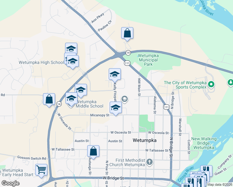 map of restaurants, bars, coffee shops, grocery stores, and more near 802 Kelly Fitzpatrick Drive in Wetumpka