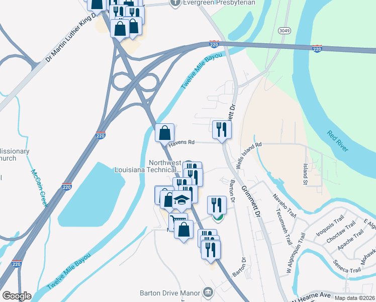 map of restaurants, bars, coffee shops, grocery stores, and more near 2010 North Market Street in Shreveport