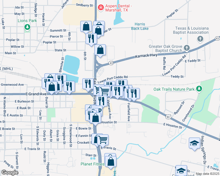 map of restaurants, bars, coffee shops, grocery stores, and more near 1811 Victory Drive in Marshall