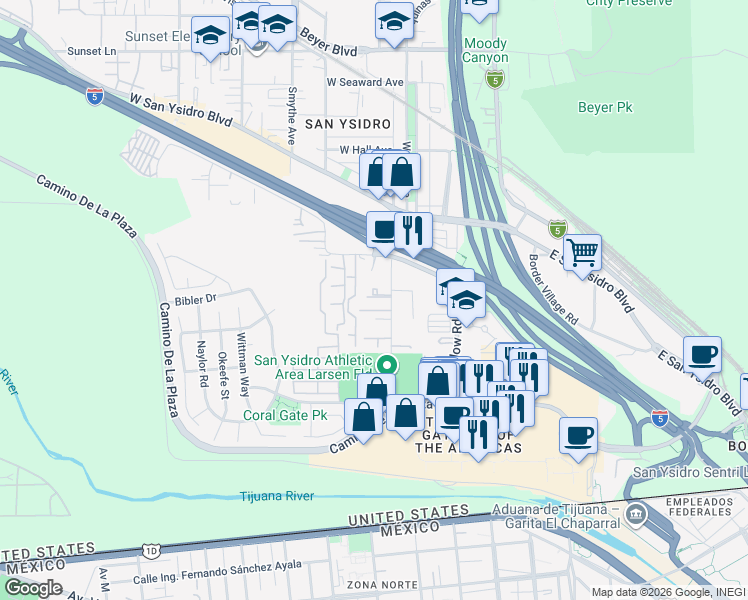 map of restaurants, bars, coffee shops, grocery stores, and more near 295 Sycamore Road in San Diego