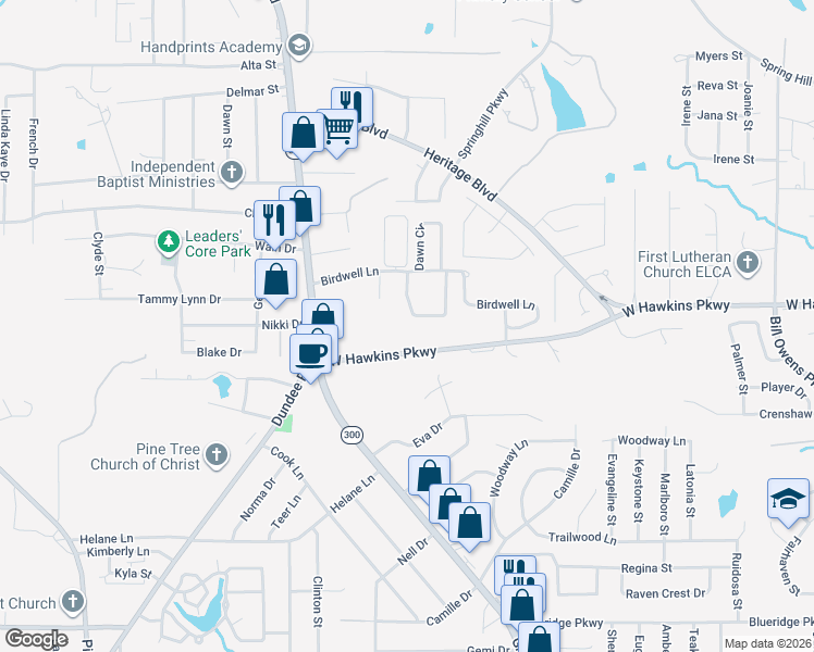 map of restaurants, bars, coffee shops, grocery stores, and more near 3051 West Hawkins Parkway in Longview