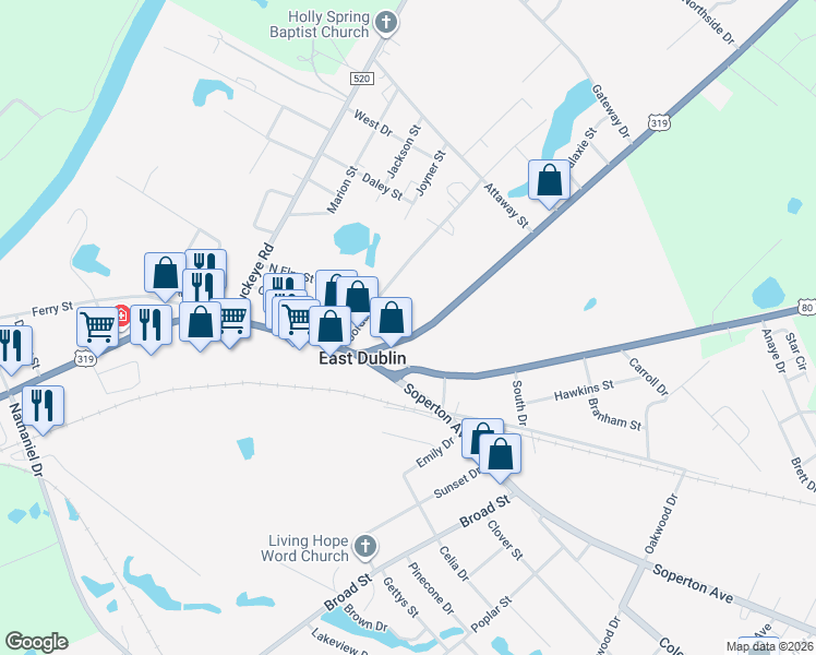 map of restaurants, bars, coffee shops, grocery stores, and more near 106 Savannah Avenue in East Dublin