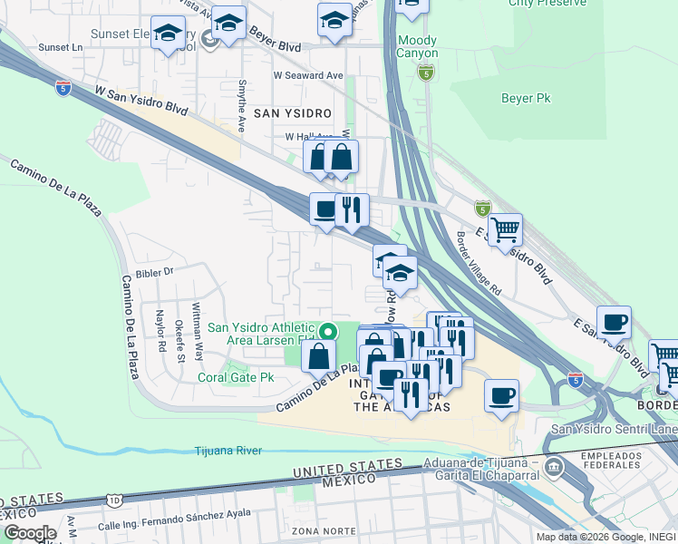 map of restaurants, bars, coffee shops, grocery stores, and more near 336 Sycamore Road in San Diego