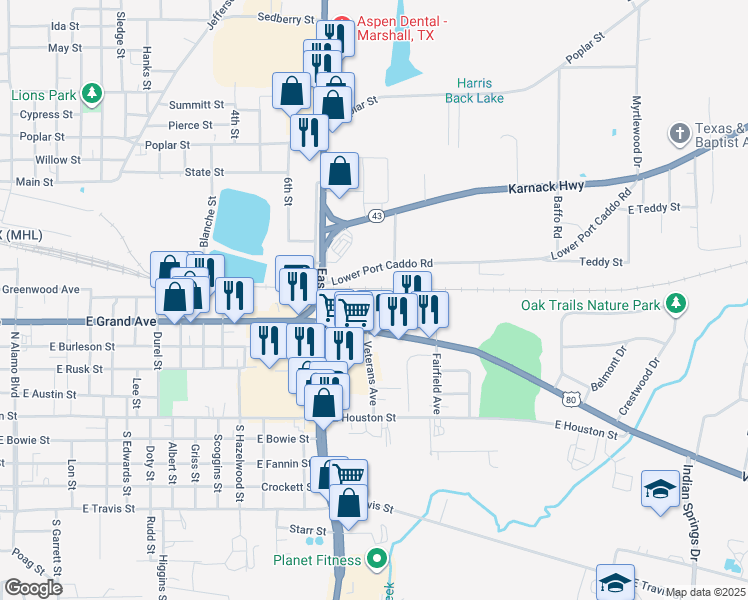 map of restaurants, bars, coffee shops, grocery stores, and more near 510 Veterans Avenue in Marshall