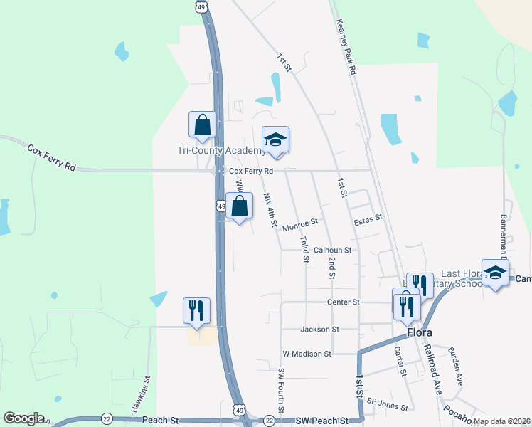 map of restaurants, bars, coffee shops, grocery stores, and more near 148 Monroe Street in Flora