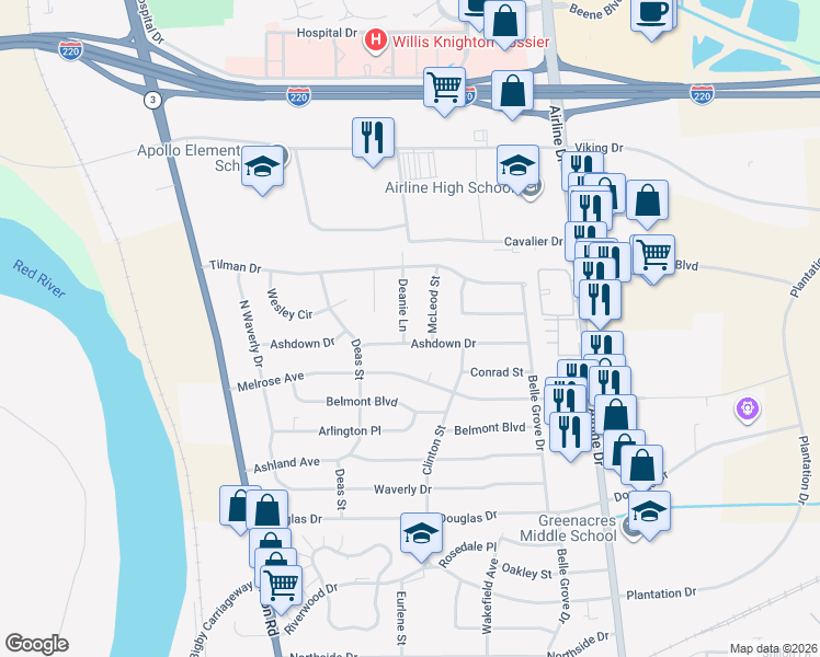 map of restaurants, bars, coffee shops, grocery stores, and more near 2418 Ashdown Drive in Bossier City