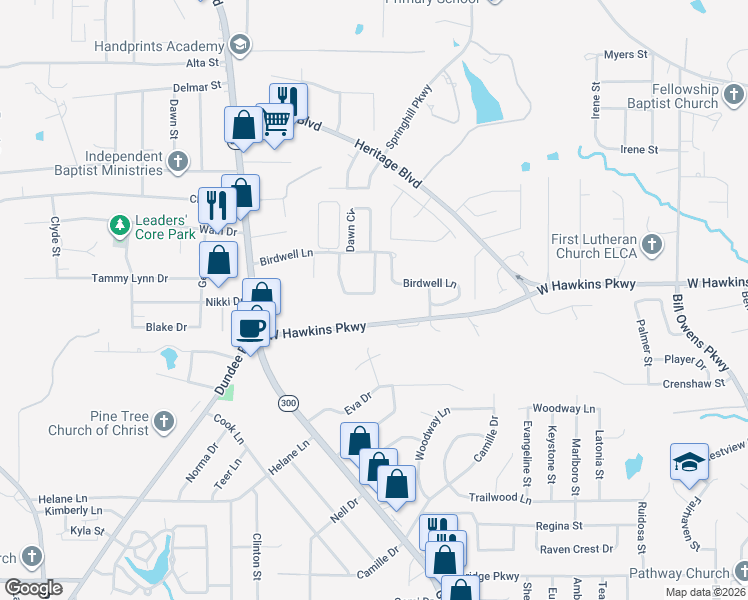 map of restaurants, bars, coffee shops, grocery stores, and more near 3 Spring Valley Circle in Longview