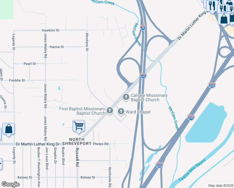 map of restaurants, bars, coffee shops, grocery stores, and more near 1422 Doctor Martin Luther King Drive in Shreveport
