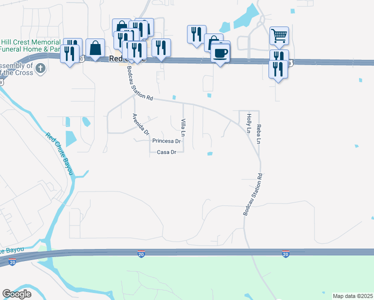 map of restaurants, bars, coffee shops, grocery stores, and more near 935 Villa Lane in Haughton