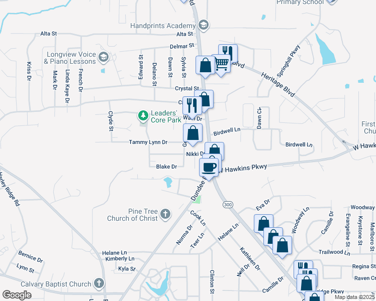 map of restaurants, bars, coffee shops, grocery stores, and more near 3504 Gene Drive in Longview