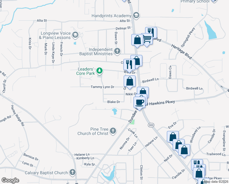 map of restaurants, bars, coffee shops, grocery stores, and more near 308 Tammy Lynn Drive in Longview