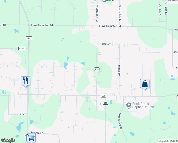 map of restaurants, bars, coffee shops, grocery stores, and more near 4609 County Road 919 in Crowley