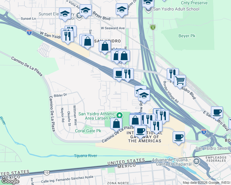 map of restaurants, bars, coffee shops, grocery stores, and more near 230 Via De San Ysidro in San Diego