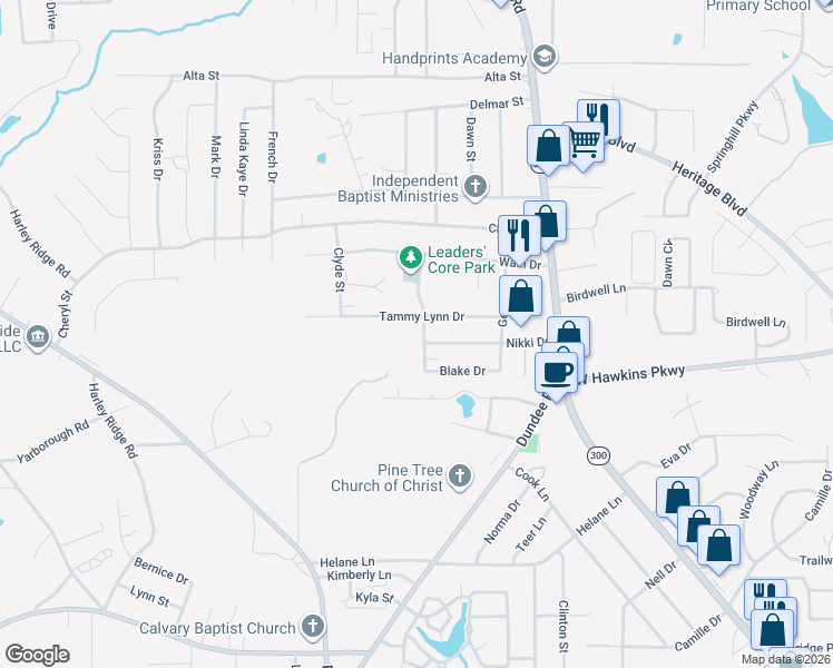 map of restaurants, bars, coffee shops, grocery stores, and more near 3411-3499 Denson Drive in Longview