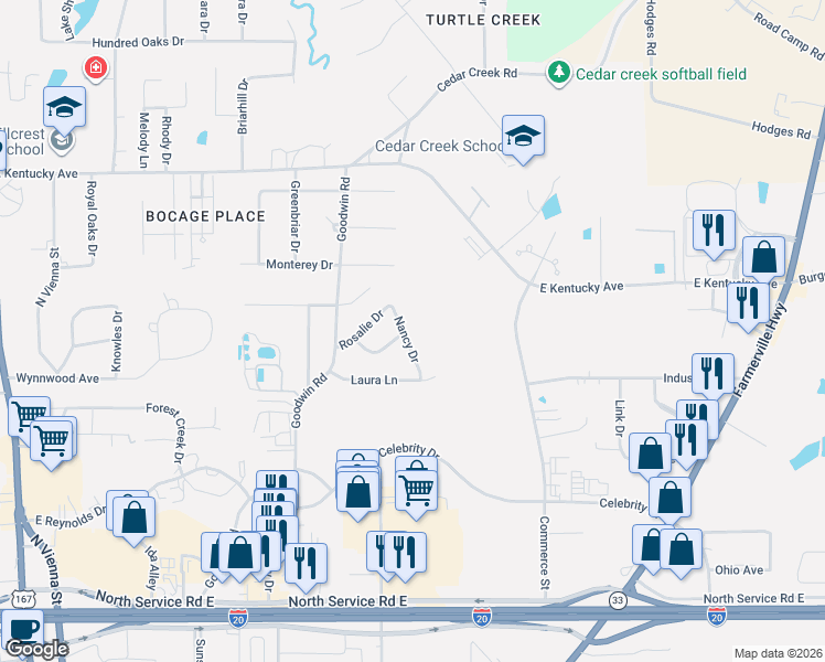 map of restaurants, bars, coffee shops, grocery stores, and more near 1904 Nancy Drive in Ruston