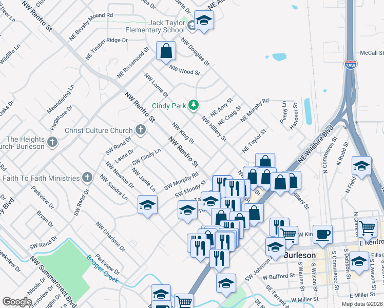 map of restaurants, bars, coffee shops, grocery stores, and more near 533 Northwest King Street in Burleson