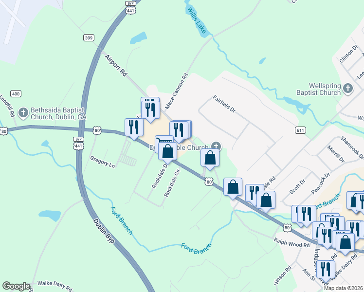map of restaurants, bars, coffee shops, grocery stores, and more near 2421 US Highway 80 West in Dublin