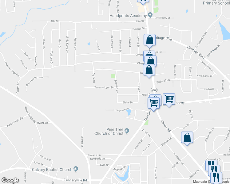 map of restaurants, bars, coffee shops, grocery stores, and more near 3411 Denson Drive in Longview