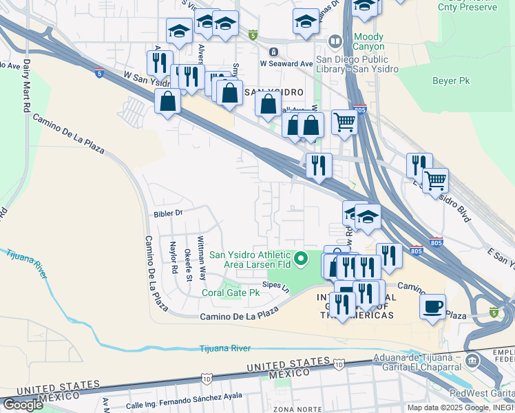 map of restaurants, bars, coffee shops, grocery stores, and more near 3890 Sipes Lane in San Diego