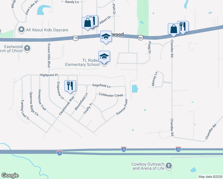 map of restaurants, bars, coffee shops, grocery stores, and more near 3035 Sagefield Lane in Haughton