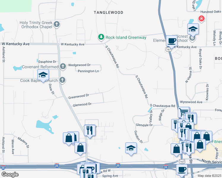 map of restaurants, bars, coffee shops, grocery stores, and more near 820 Greenwood Drive in Ruston