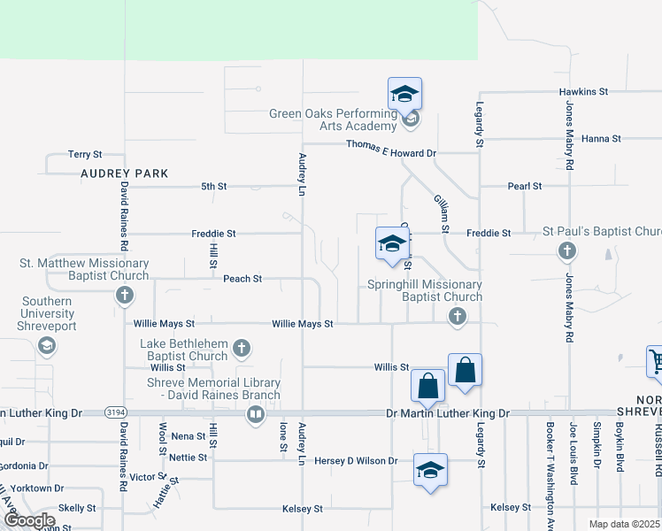 map of restaurants, bars, coffee shops, grocery stores, and more near 1623 Avocado Drive in Shreveport