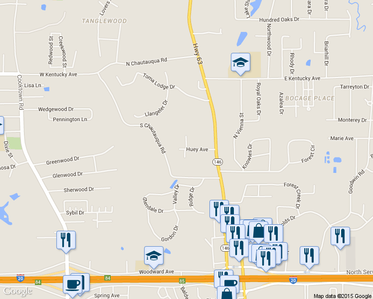 map of restaurants, bars, coffee shops, grocery stores, and more near 211 Huey Ave in Ruston