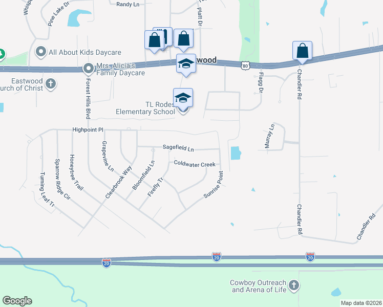 map of restaurants, bars, coffee shops, grocery stores, and more near 3032 Sagefield Lane in Haughton