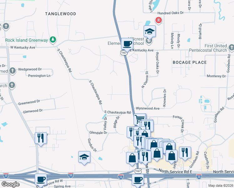 map of restaurants, bars, coffee shops, grocery stores, and more near 201-211 Huey Ave in Ruston