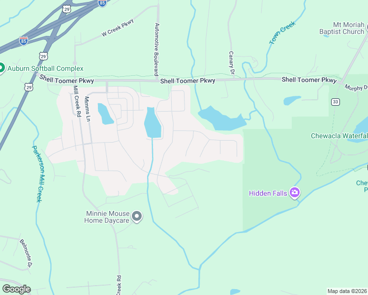 map of restaurants, bars, coffee shops, grocery stores, and more near 603 Shell Toomer Parkway in Auburn