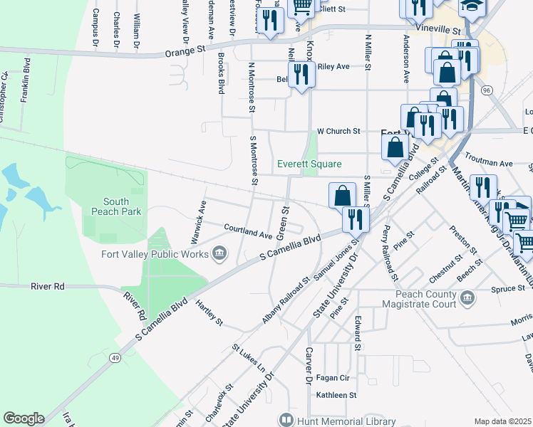 map of restaurants, bars, coffee shops, grocery stores, and more near 237-277 Oaklawn Street in Fort Valley