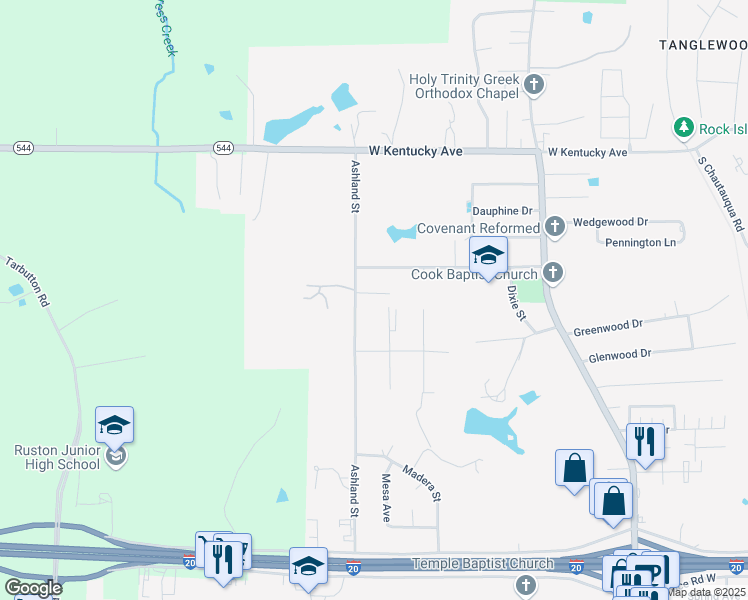 map of restaurants, bars, coffee shops, grocery stores, and more near 1707 Broadway Avenue in Ruston