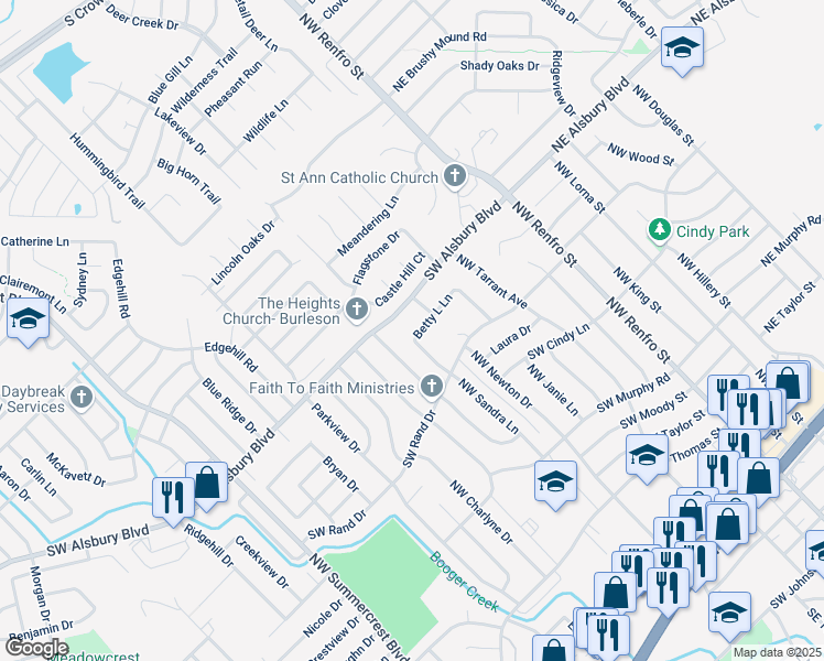 map of restaurants, bars, coffee shops, grocery stores, and more near 304 Betty L Lane in Burleson