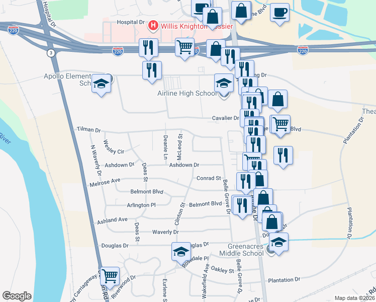 map of restaurants, bars, coffee shops, grocery stores, and more near 2519 La Vonne Circle in Bossier City