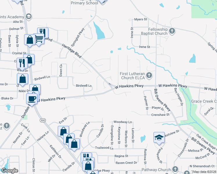 map of restaurants, bars, coffee shops, grocery stores, and more near 3704 Cabec Drive in Longview