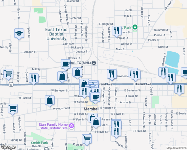 map of restaurants, bars, coffee shops, grocery stores, and more near 609 North Bolivar Street in Marshall