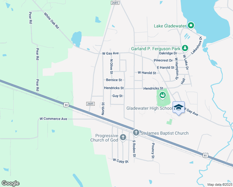 map of restaurants, bars, coffee shops, grocery stores, and more near 2807 Hendricks Street in Gladewater