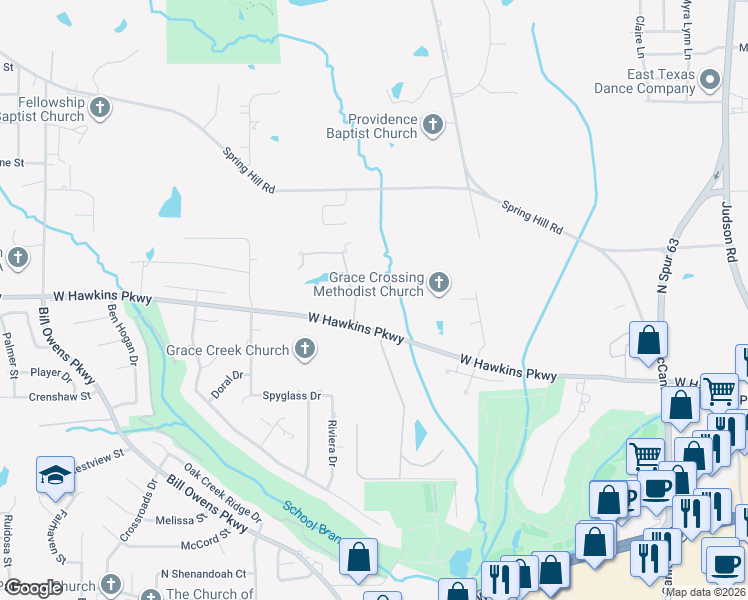 map of restaurants, bars, coffee shops, grocery stores, and more near 6 Stoneridge Trail in Longview