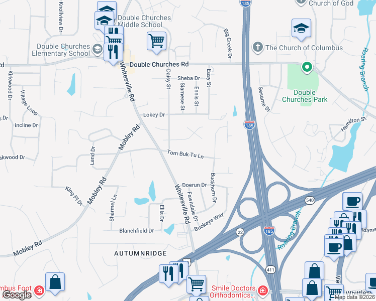 map of restaurants, bars, coffee shops, grocery stores, and more near 1527 Tom Buk Tu Lane in Columbus