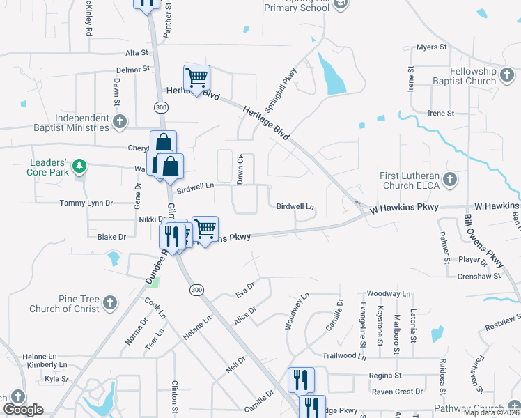 map of restaurants, bars, coffee shops, grocery stores, and more near 3 Spring Valley Circle in Longview
