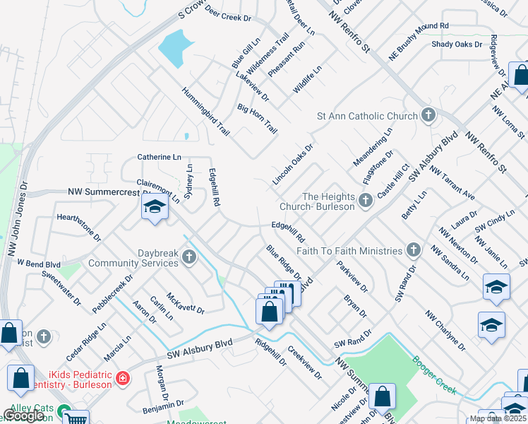 map of restaurants, bars, coffee shops, grocery stores, and more near 1022 Francine Court in Burleson