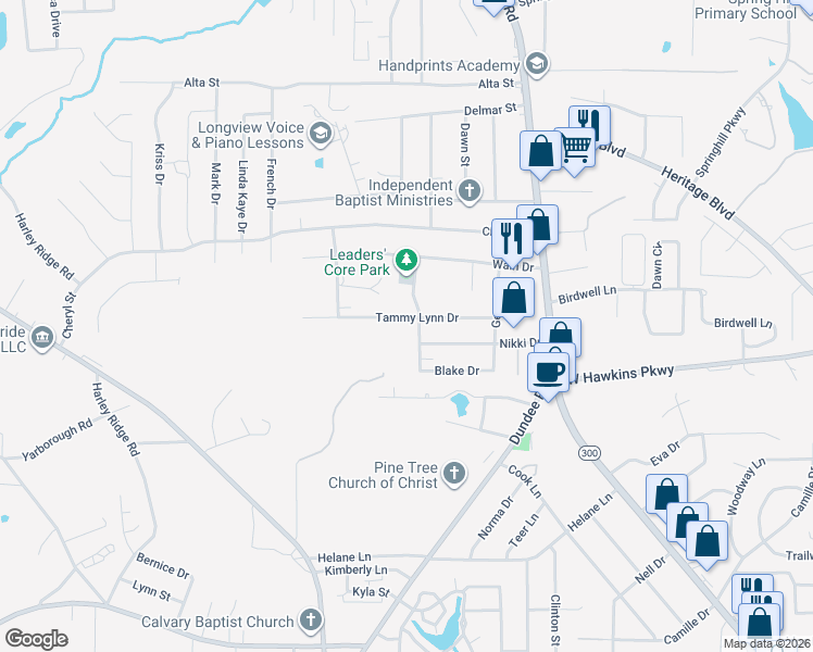 map of restaurants, bars, coffee shops, grocery stores, and more near 3411-3499 Denson Drive in Longview