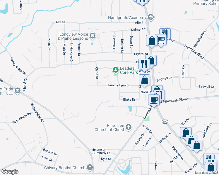 map of restaurants, bars, coffee shops, grocery stores, and more near 410a Tammy Lynn Drive in Longview