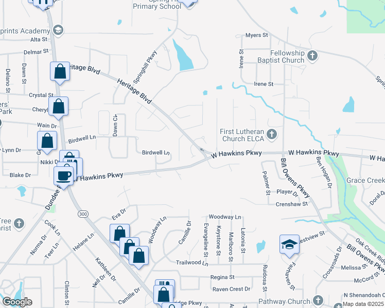 map of restaurants, bars, coffee shops, grocery stores, and more near 3708 Cabec Drive in Longview