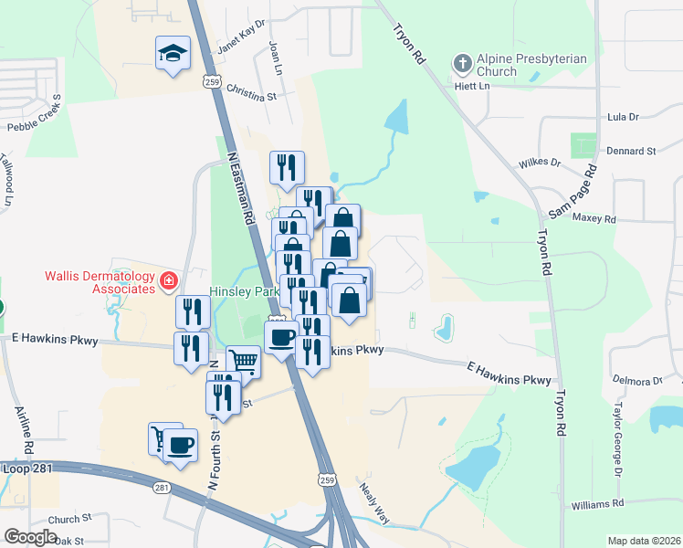 map of restaurants, bars, coffee shops, grocery stores, and more near 3096 North Eastman Road in Longview
