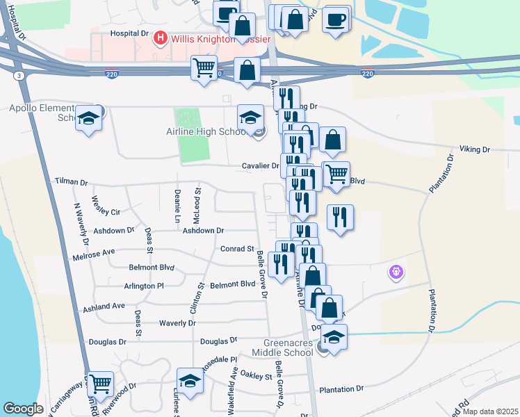 map of restaurants, bars, coffee shops, grocery stores, and more near 2532 Belle Grove Drive in Bossier City