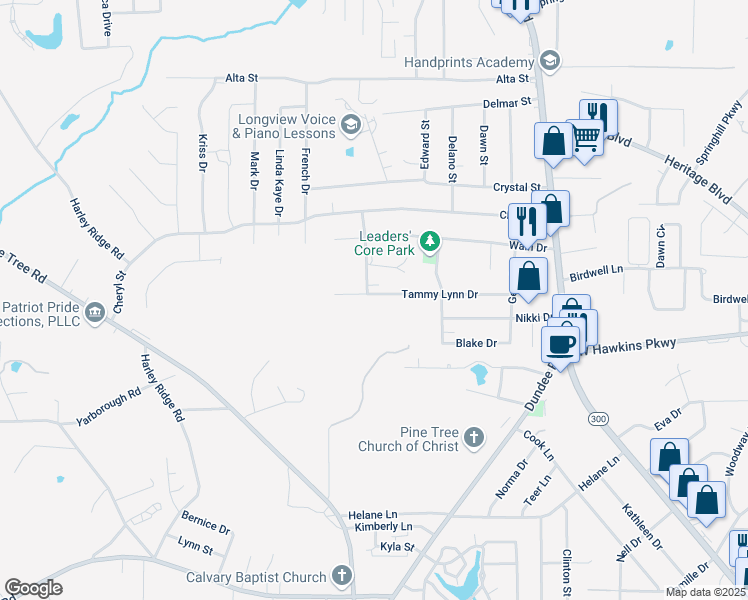 map of restaurants, bars, coffee shops, grocery stores, and more near 418 Tammy Lynn Drive in Longview