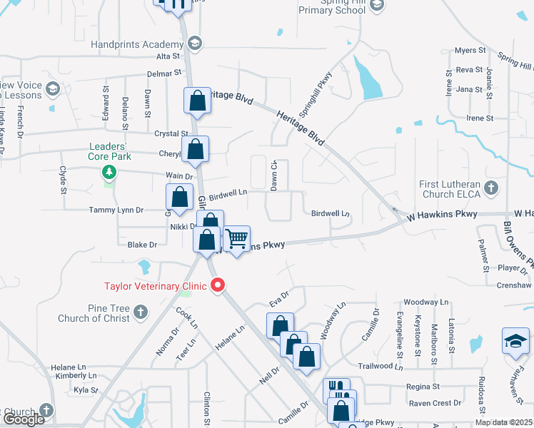 map of restaurants, bars, coffee shops, grocery stores, and more near 19 Spring Valley Circle in Longview
